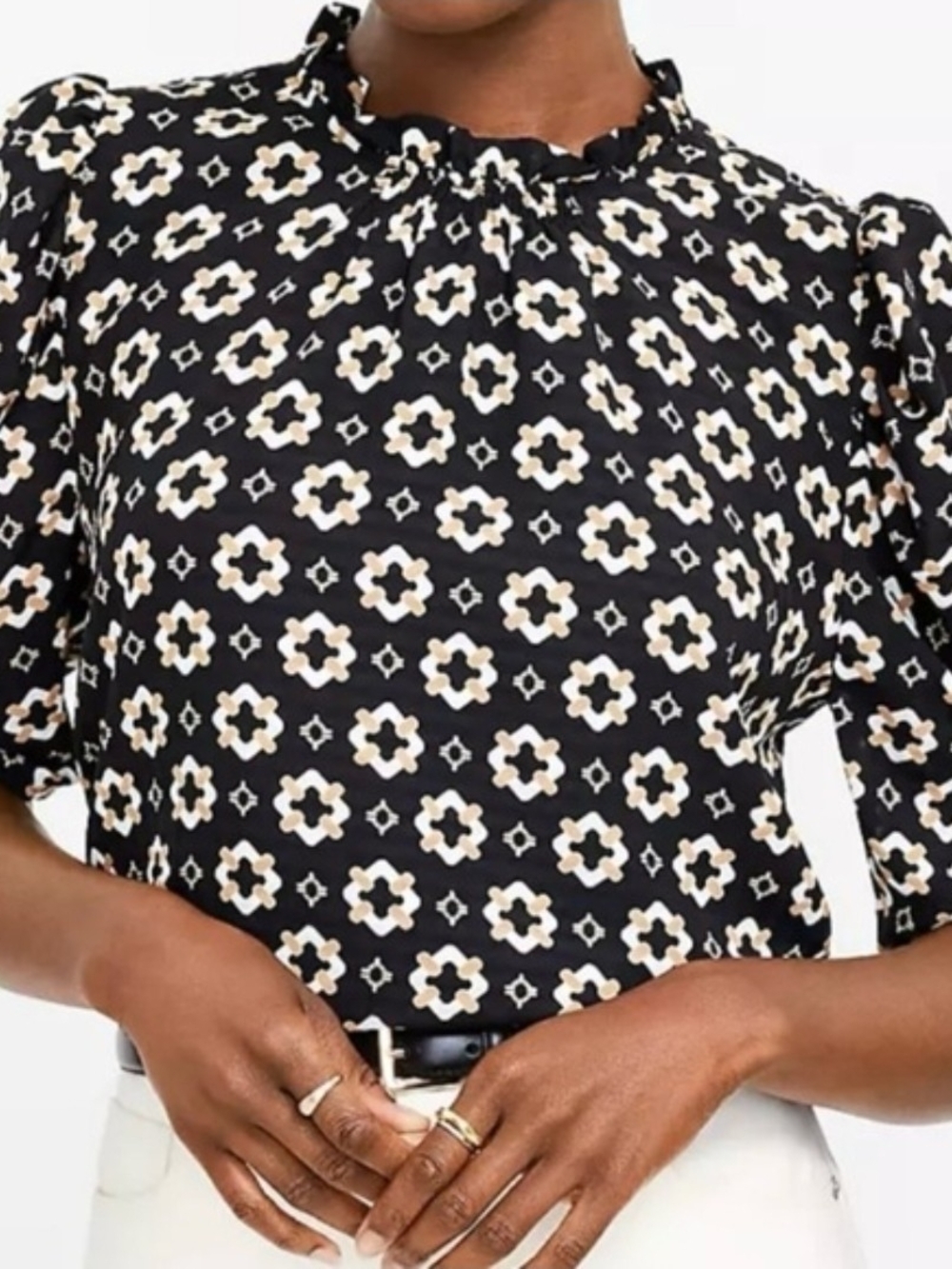 NWT LOFT Black Geo Print Ruffle Neck Blouse Size XXSP